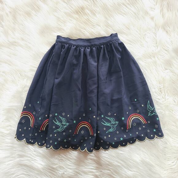 Modcloth Treasured Reveries Skirt Rainbow Swallow Pinup Retro Scallop Mini XS - Picture 3 of 14